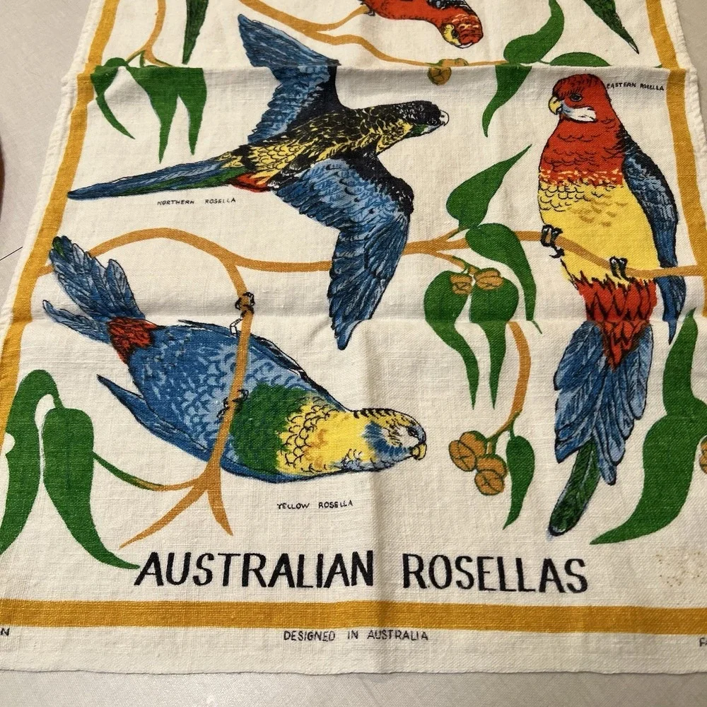 VTG Souvenir Linen Tea Towel Australian Scenic Bay Local Bird Kitchen Dish 17x28